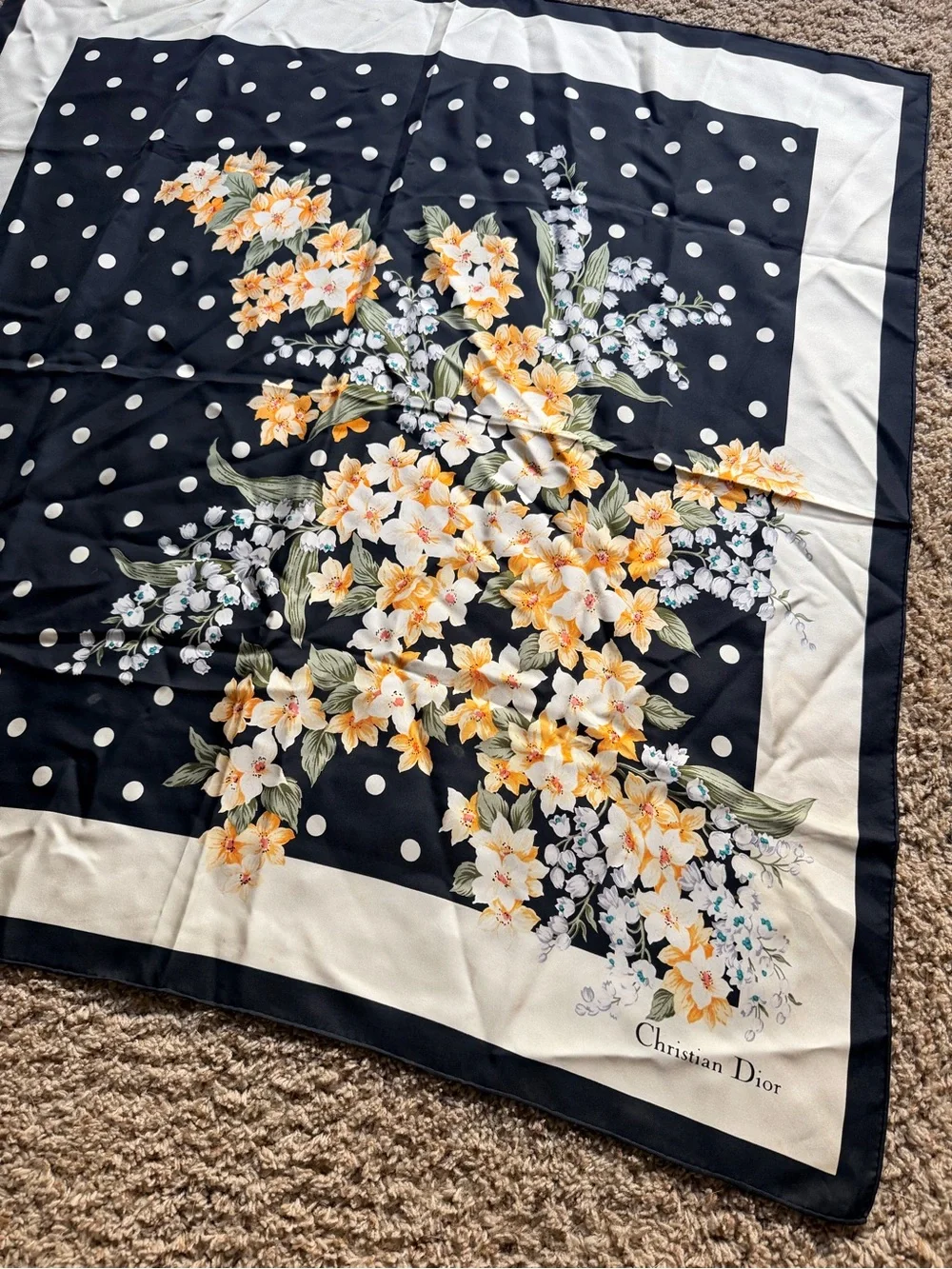 Christian Dior Black Polka Dot Floral Silk Scarf